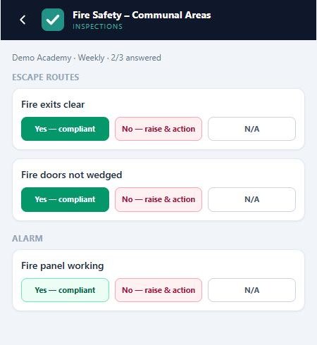 Inspection checklist on a phone with Yes compliant, No raise and action, and N/A answers