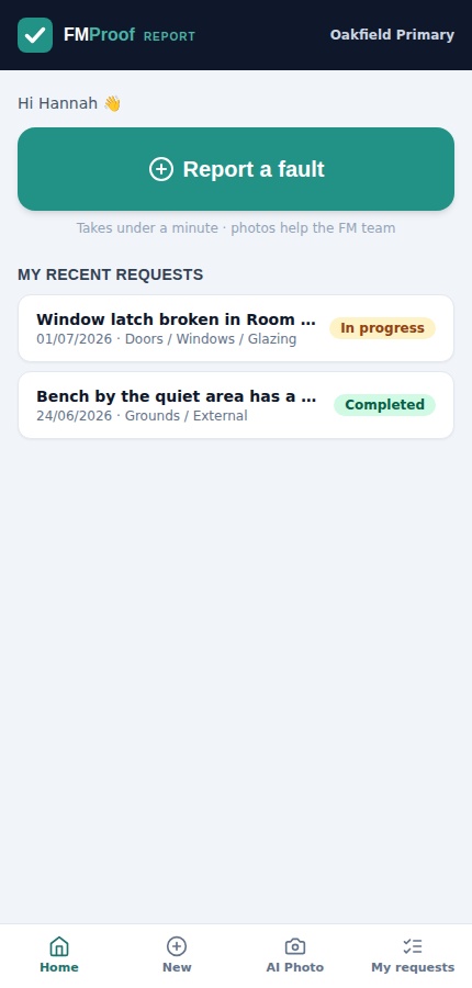The Requester app on a phone with a large Report a fault button and two recent requests