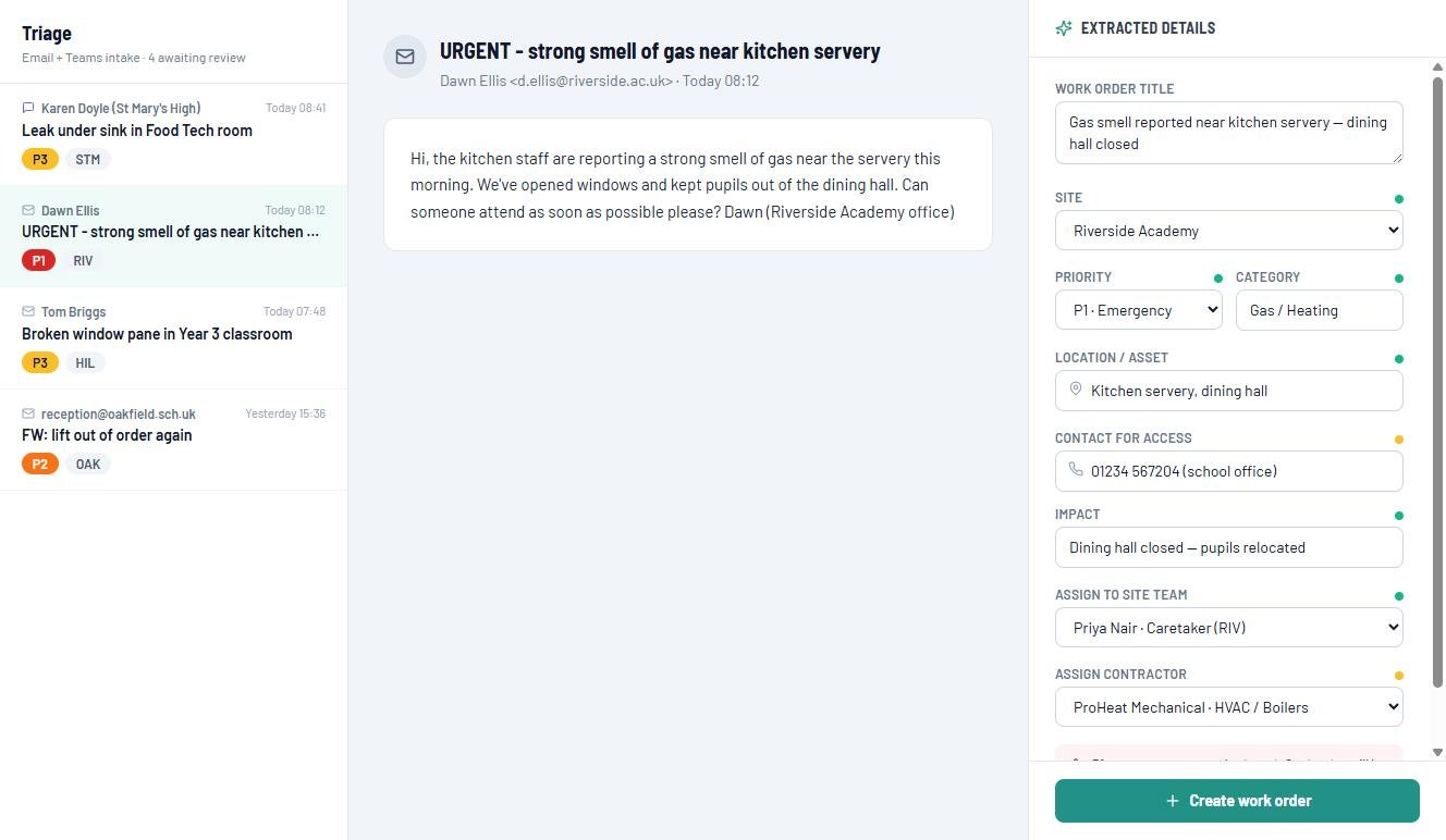 The FM Hub triage inbox showing an urgent email and the work order details extracted from it